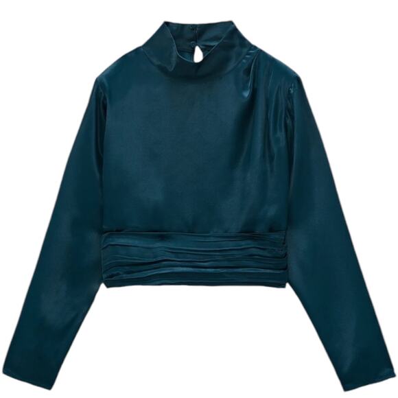 NWT Zara Crop Top Blouse, Mock Neck, long sleeve, ruched hem in blue size medium - Picture 3 of 11